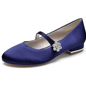 Womens Ronde Neus Bruids Platte Pumps Strappy Ballet Ballerina's Satijn Strass Trouwjurk Schoenen,Marine,36 EU