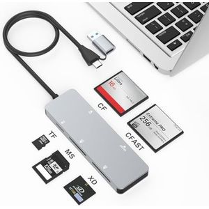CFast 2.0-kaartlezer, USB 3.0 USB C CF/SD/TF/XD aluminium geheugenkaartsleuf combo-adapter, leest 5 tegelijkertijd hoge snelheid multicamerakaartlezer voor Type-C-apparaat ondersteunt