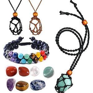 Kristallen en Healing Stones Sets, 7 stks Chakra Healing Crystal, 2 stks Zwart en Geel Handgemaakte Weave Touw Verpakt Houders, 1 st 7 Chakra Armband voor Meditatie Beginners