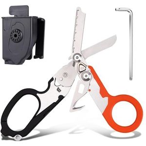 Reddingsschaar, traumaschaar, 6-in-1, opvouwbaar, traumaschaar, noodschaar, verbandschaar met K-beschermhoes, moersleutel voor professionele reddingsdiensten, outdoor, camping (zwart oranje)