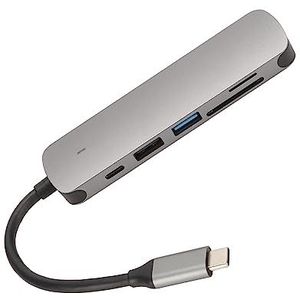 6-in-1 USB C-adapter, USB C-hub met 2 USB-poorten, 4K -poort, 100 W PD-poort, TF-kaart en SD-kaartpoort, Draagbare USB-splitter voor Toetsenbord, Printer, Mobiele Telefoon (Grijs)