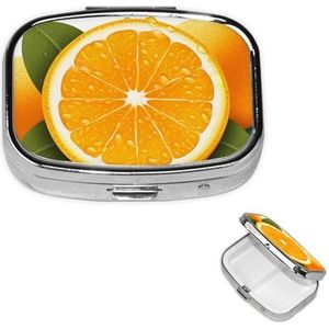 Verse oranje fruitpillendoos met 2 compartimenten, kleine pillendoos voor portemonnee en zak, metalen pillendoosje met spiegel, dagelijkse pillenorganizer voor reizen, draagbare