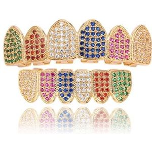 Regenboog Multi Color Grillz Tanden, 18K Vergulde Bovenkant Onderkant Kap Iced Out Fangs Mondgrills set Fancy(Multicolor)
