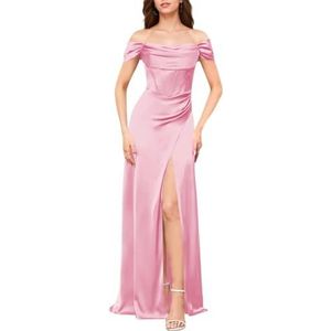 YIANN Satijnen baljurk voor dames, off-shoulder met split en geplooid korset, A-lijn baljurk formele jurk, roze, 32
