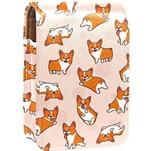 Draagbare Lipstick Case voor op reis,Mini Lipstick Opbergdoos met spiegel voor vrouwen dames, Lederen Cosmetische Pouch Cartoon Corgis Patroon, Meerkleurig, 9.5x2x7 cm/3.7x0.8x2.7 in
