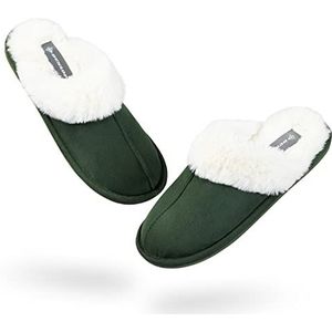 DUNLOP Damespantoffels met traagschuim, pluizige bontvoering, antislip instapschoenen, Groen, 37 EU