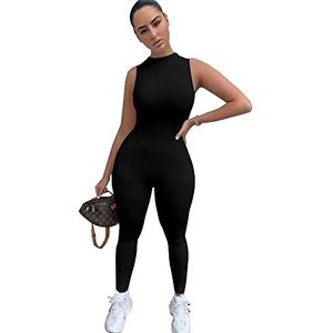 TOEECY Jumpsuit voor dames, zomer, lang, mouwloos, bodycon, overall, sportief broekpak, elegant, eendelig, turnpak, onesie, jumpsuit voor vrije tijd, dagelijks gebruik, feest, zwart, S