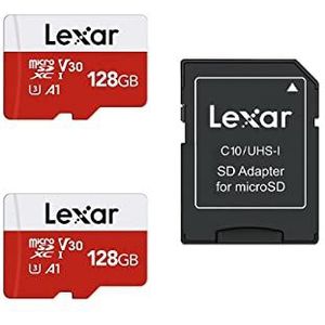 Lexar Micro SD Kaart 128GB 2-Pack E-Serie, microSDXC UHS-I Geheugenkaart met Adapter - Tot 100 MB/s, A1, U3, Class10, V30, Hoge Snelheid TF-kaart (2 microSD-kaarten + 1 Adapter)