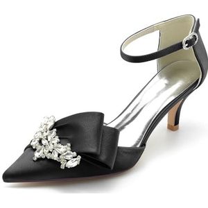Dames Aangerichte Teen Kitten Hakken Satijnen Bruids Pumps Enkelsluiting Bruiloft Prom Party Jurk Schoenen,zwart,36 EU