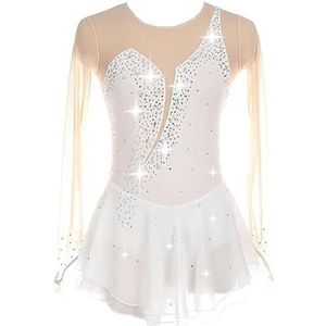 UPPJPBSW Meisjes Turnpak Met Lange Mouwen Voor Kunstrijden Met Glanzende Strasssteentjes, Dames Artistiek Gymnastiek Chiffon Jurk Met Lange Mouwen, Geschikt Voor Optredens En Wedstrijden,Wit,XL