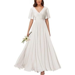 KURFACE Bruidsmeisjesjurken met V-hals en mouwen voor dames, geplooid, chiffon, bruidsmeisje, vloerlengte, formele feestjurk, Ivoor, 32
