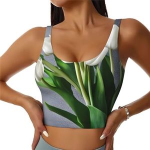 Witte Tulpen Bloemen Print Comfortabele Vrouwen Sport Vest Yoga Workout Vest Voor Vrouwen Lichtgewicht Zomer, Zwart, S