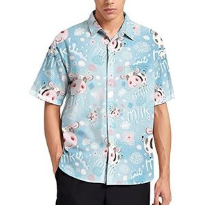 Koeien en melk Hawaïaans shirt voor heren, zomer, strand, casual, korte mouwen, button-down shirts met zak