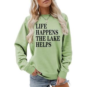 MLZHAN Life Happens The Lake helpt afdrukken vrouwen sweatshirt lange mouw mode sweatshirts ademende losse pasvorm truien, Olijfgroen, S