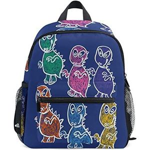 Dinosaurus Kleurrijke cartoon blauwe rugzak voor kleine kinderen, lichtgewicht boekentas kleuterschool schoolrugzak voor 1-6 jaar op reis, meisjes en jongens, Patroon., Medium
