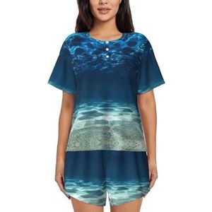 Blauwe Oceaan Zee Print Vrouwen Zomer Zachte Tweedelige Bijpassende Outfits Korte Mouw Pyjama Lounge Pyjama Sets, Zwart, M