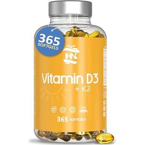 Vitamin D - 365 capsules vitamine D3 K2 - Sterk geconcentreerde vitamine D (5000 IE). Ondersteunt het immuunsysteem en de botfunctie