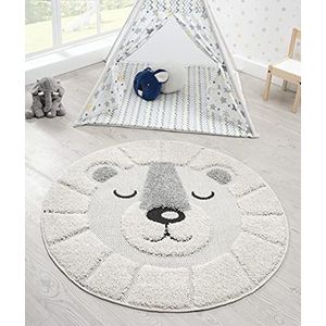 the carpet Lou Zacht knuffelig kindertapijt, zacht knuffelvlies, onderhoudsvriendelijk, kleurecht, outdoor, 3D-look, leeuwenmotief, crème, 120 cm rond