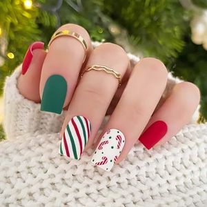 24 stuks rode kunstnagels - amandelvormige druknagels - kunstnagels met lijm, glanzende, volledige dekking, verwijderbare nagelkunst, cadeaus for vrouwen(Red green)