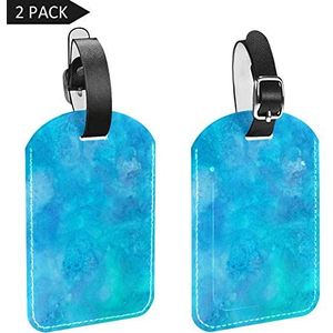PU lederen bagagelabels naam ID-labels voor reistas bagage koffer met rug Privacy Cover 2 Pack,Heldere blauwe blauwgroen paarse aquarel textuur
