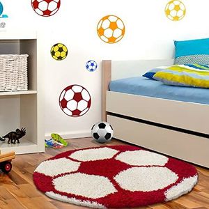 Muratap Vloerkleed Fun Voetbal Rood Wit - Tapijt Kinderkamer Speelkamer Sport Decoratie Jongen Meisje Speeltapijt KinderVloerkleed Fun - Maat: 120 cm - Rond