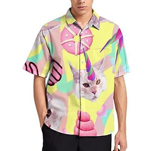 Eenhoorn kat Hawaiiaans shirt voor heren, zomer, strand, casual, korte mouwen, button-down shirts met zak