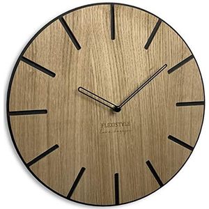 FLEXISTYLE EKO wandklok zonder tikkend geluid hout eiken rond Wood Art zwart 30 cm, voor woonkamer, slaapkamer, in EU gemaakt