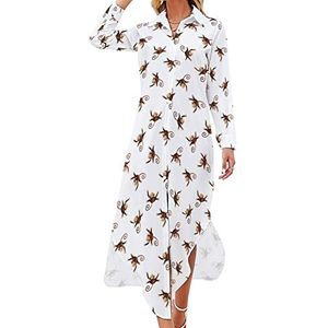 Patroon met apen dames maxi-jurk lange mouwen knopen overhemd jurk casual feest lange jurken L