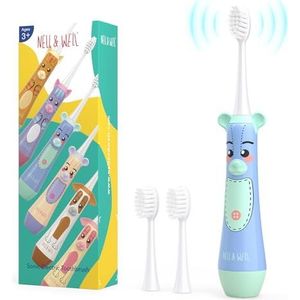 NELL&WELL Elektrische tandenborstel voor kinderen, 2-min-timer, 3 modi met geheugen, IPX 7 waterdicht, batterijgevoede kindertandenborstel met 3 zachte borstelharen hoofden voor kinderen, jongens en