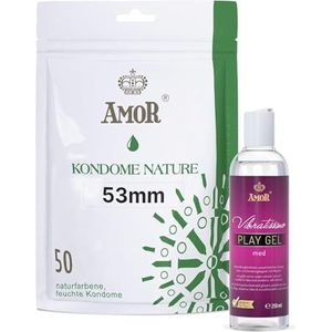 Vibratissimo Play Gel met 250 ml & AMOR Condooms Nature 50-pack I Watergebaseerd glijmiddel & condooms 53mm breed I Glijmiddel Gel voor speeltjes & latex condooms I Condooms voelen echt flinterdun aan
