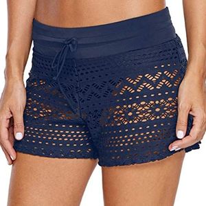 Ocean Plus Dames Gehaakte Kant Zwemshorts Elegante Zwemshort met Binnenslip Bikinibroek Oversized Hotpants Boxer Beachshorts (M (EU 36-38), Donkerblauw)