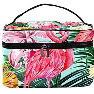 Zwart Wit Piraat Nautische Schedel Patroon Reizen Make-up Tas Grote Cosmetische Tas Make-up Case Organizer Rits Toilettas voor Vrouwen Meisjes, Aquarel Flamingo Bloemen Tropisch Palmblad, 22.5x15x13.8 cm/8.9x5.9x5.4 inch,