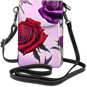 yefan Rode en paarse rozen crossbodytas voor dames, & rits telefoonportemonnee, schattige portemonnee, schoudertas, afneembare schouderriem, Zwart, Eén maat