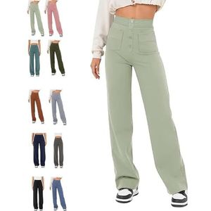 BAWUTZ Casual stretchbroek met hoge taille voor dames, rechte broek met hoge taille met zakken, casual stretchbroek, super elastische hoge taille, rechte broek (lichtgroen, L)