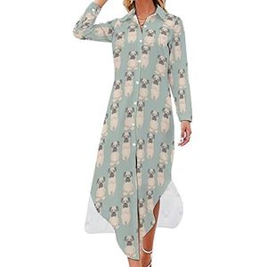 Yoga Pugs Maxi-jurk voor dames, lange mouwen, knoopjurk, casual feestjurk, lange jurk, XL