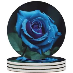Onderzetters voor drankjes keramische onderzetter romantische blauwe roos ronde onderzetters absorberende bekermat met kurkachterkant voor salontafel decor hittebestendige onderzetters voor