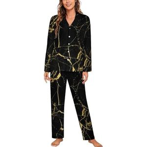 Gouden Textuur Marmeren Vrouwen Lange Mouw Button Down Nachtkleding Zachte Nachtkleding Lounge Pyjama Set L