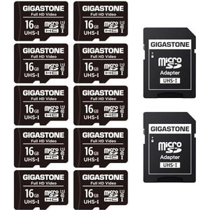 GIGASTONE Micro SD Card 16GB 10-Pack met 2x SD Adapter + 4x Mini-case, Geheugenkaart voor Full HD Video Bewakingscamera Actiecamera Drone, 85MB/s MicroSDHC UHS-I U1 C10 Class 10