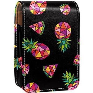 Geometrische tropische ananas comosus watermeloen draagbare lippenstift case voor reizen, Mini lippenstift opbergdoos met spiegel voor vrouwen dames, lederen cosmetische etui, Meerkleurig, 9.5x2x7 cm/3.7x0.8x2.7 in