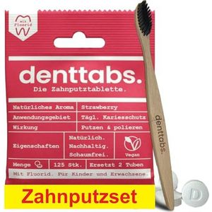 Denttabs Tandenborstelset - zanpoetstabletten aardbei met fluoride 125-delige set + bamboe borstel bamboe tandenborstel ultrasoft