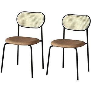 GEIRONV Eetstoel,voor Slaapkamer Balkon Woonkamerstoelen Smeedijzer Rugleuning Stoel Leer Zwarte Benen Rotan Stoel 2 Stuks Eetstoelen (Color : Brown)