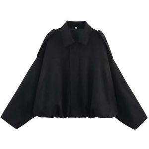 RVUEM Women's Faux Suede Bomber Jacket, Casual Lapel Pilot Cropped Coat, Oversized Long Sleeves, Motorcycle Jackets, 2025 Outerwear,zwart,L