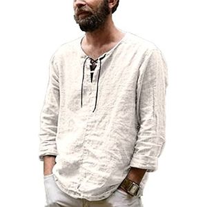 Katoenen linnen herenoverhemden met veters, casual strandhippie T-shirts met V-hals, yoga-bovenstuk, Kaki, XL