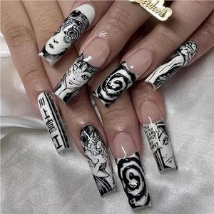 Horror Manga Tomie Press Nails Amandelglans Zwart Anime Nails Herbruikbare Halloween Kunstnagels Geschikt for Meisjes(A558,XS)