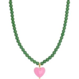Zilver acryl kralen parelsnoer dames ketting roze emaille hart hanger ketting (Style : Green Beads)