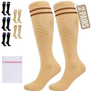 360 Relief Compressie Sokken klasse 1 voor Mannen en Vrouwen - 15-20 mmHg Steunkousen voor langeafstandsvluchten, reizen, sporten, hardlopen, wandelen - 2 Paar Compression Socks S/M Beige met wasnet