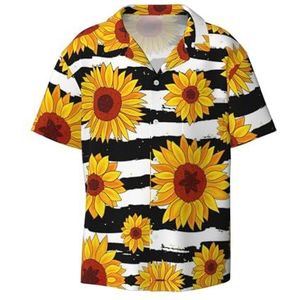 TyEdee Zonnebloemenprint heren korte mouwen overhemden met zak casual button down shirts business shirt, Zwart, XL