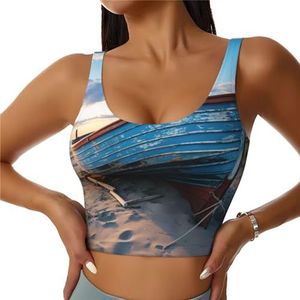 YQTGBCED Boat On The Beach Print Gewatteerde tanktops met ingebouwde beha, perfect voor yoga, training en hardlopen, Zwart, S