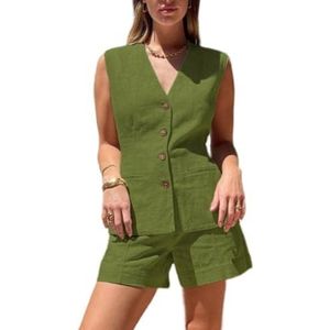 LoprNsdgt Dames Geklede 2-Delige Blazer Pak Set V-Hals Button Down Vest Shorts Kantoor Werkset,Groen,L