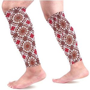 EZIOLY Bruine en rode bloemen sport kalf compressie mouwen been compressie sokken kuitbeschermer voor hardlopen, fietsen, moederschap, reizen, verpleegkundigen